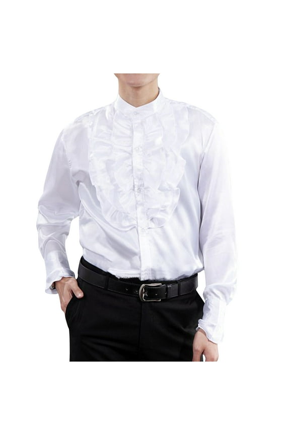 Men's Ruffled Dress Shirt Long Sleeve Stand Collar Button Down Formal Wedding Party Shirts White L