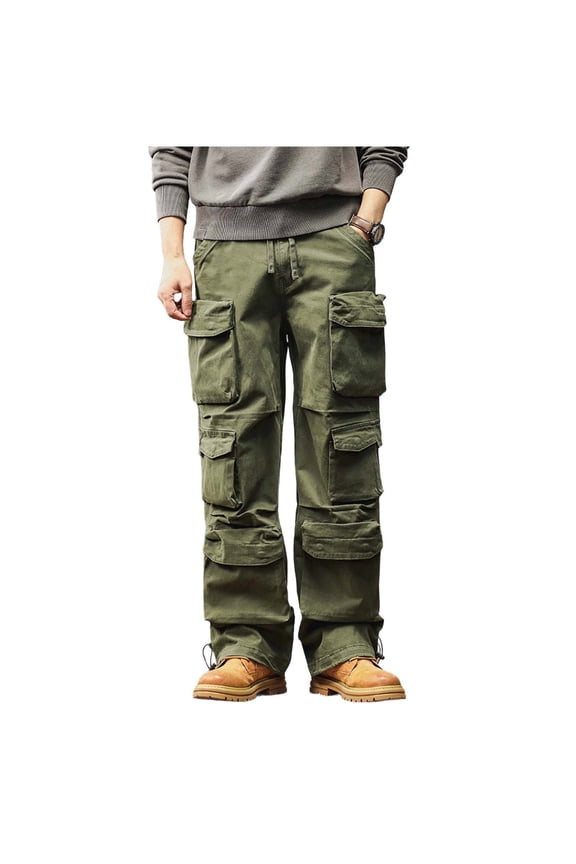 Men's Rugged Multi-Pocket Cargo Pants, Button Waist with Drawstring, Durable Streetwear Work Trousers Army Green 34/4XL