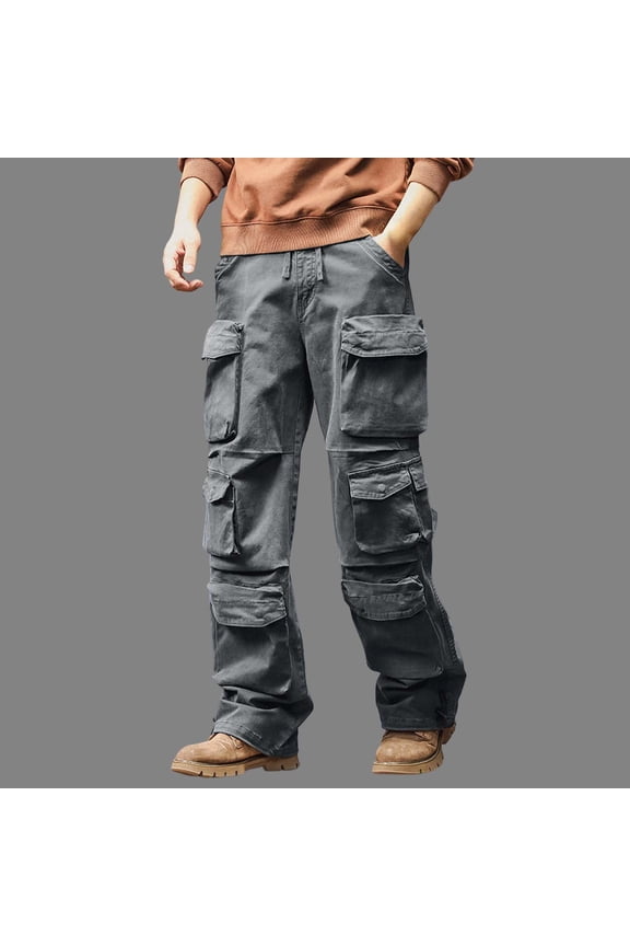 Men's Rugged Multi-Pocket Cargo Pants, Button Waist with Drawstring, Durable Streetwear Work Trousers Gray 32 2XL