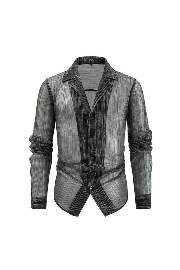 Men's See-Through Dress Shirt Long Sleeve Button Down Club Party Mesh Shirt Loose Fit Blouse Tops Black L