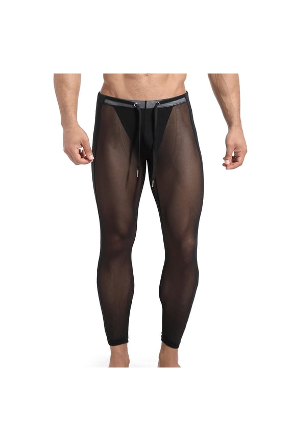 Men's See through Leggings Tights Pants Skinny Long Trousers Gay Clubwear Fishnet Mesh Pants Hollow out Transparent Pants Black XL