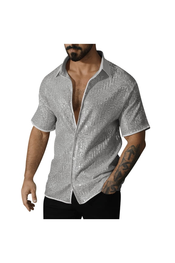 Men's Sequin Glitter Shirt Short Sleeve Button Down Disco Party Stage Costume 70s Vintage Club Night Out Shiny Top Silver XL