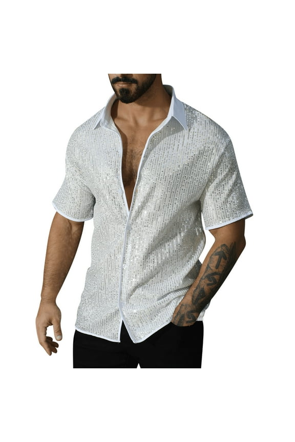 Men's Sequin Glitter Shirt Short Sleeve Button Down Disco Party Stage Costume 70s Vintage Club Night Out Shiny Top White XXL