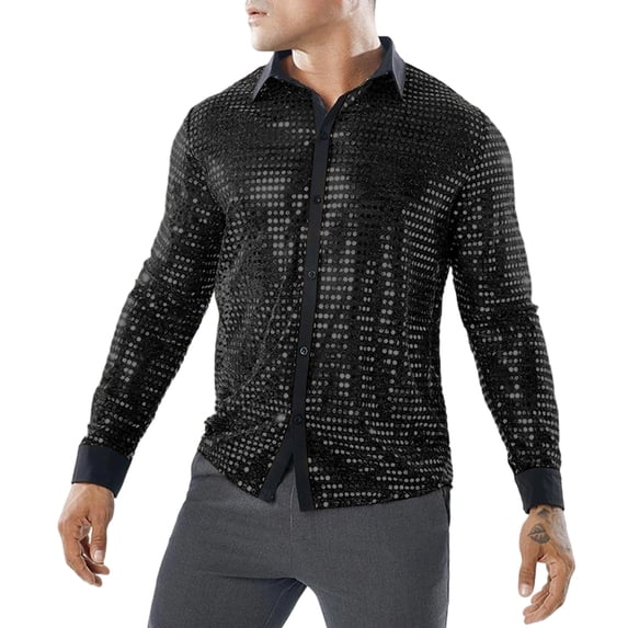 YLSDY Men's Sequin Mesh Long Sleeve Shirt, Disco Party Sparkle Design, Button-Down Performance Top Black S