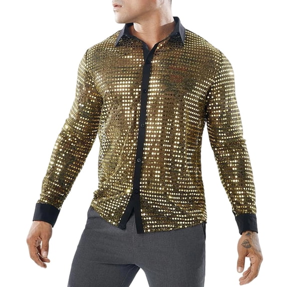 YLSDY Men's Sequin Mesh Long Sleeve Shirt, Disco Party Sparkle Design, Button-Down Performance Top Gold XL