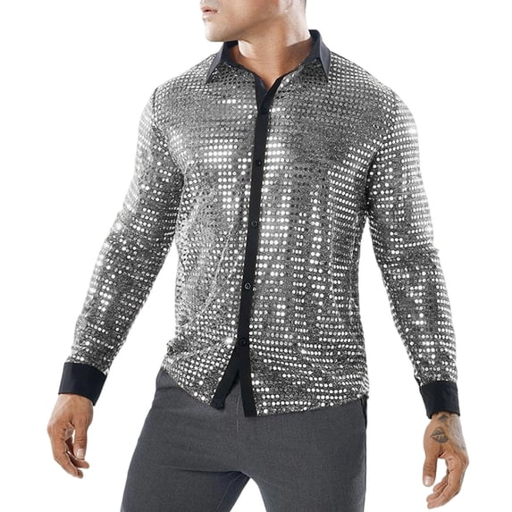 YLSDY Men's Sequin Mesh Long Sleeve Shirt, Disco Party Sparkle Design, Button-Down Performance Top Silver XXXL