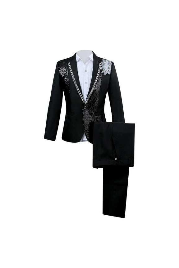 Men's Sequined Blazer Suit Formal Wedding Party Groom Tuxedo Black Shiny Slim Fit Two Piece Jacket Pants Black M