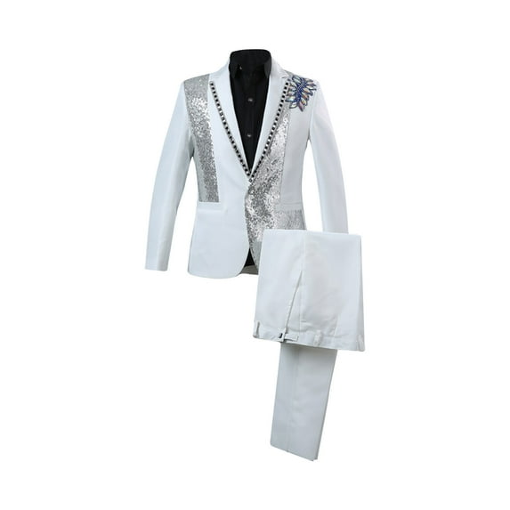 YLSDY Men's Sequined Blazer Suit Formal Wedding Party Groom Tuxedo Black Shiny Slim Fit Two Piece Jacket Pants White XL