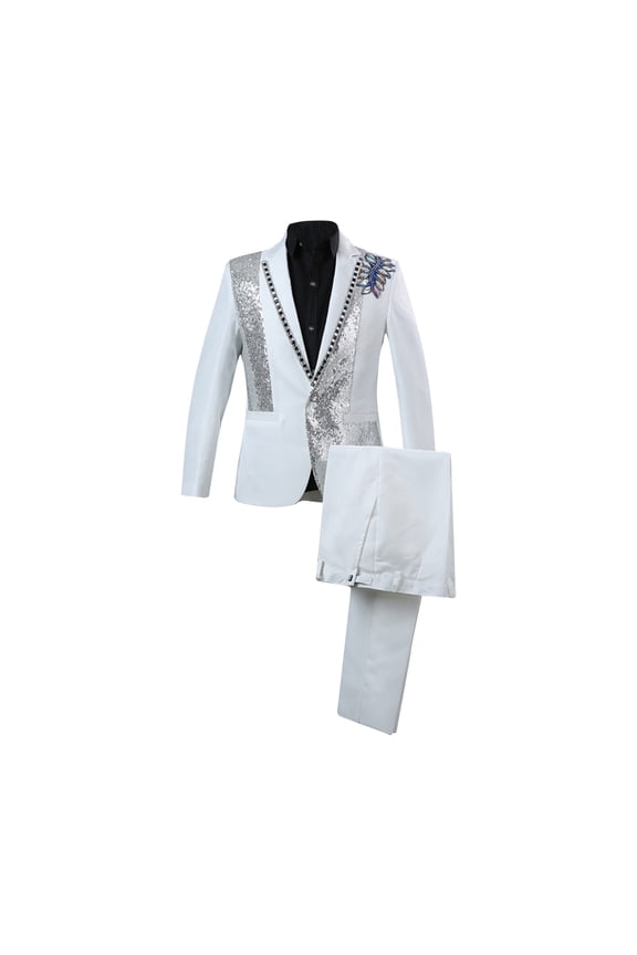 Men's Sequined Blazer Suit Formal Wedding Party Groom Tuxedo Black Shiny Slim Fit Two Piece Jacket Pants White XXL