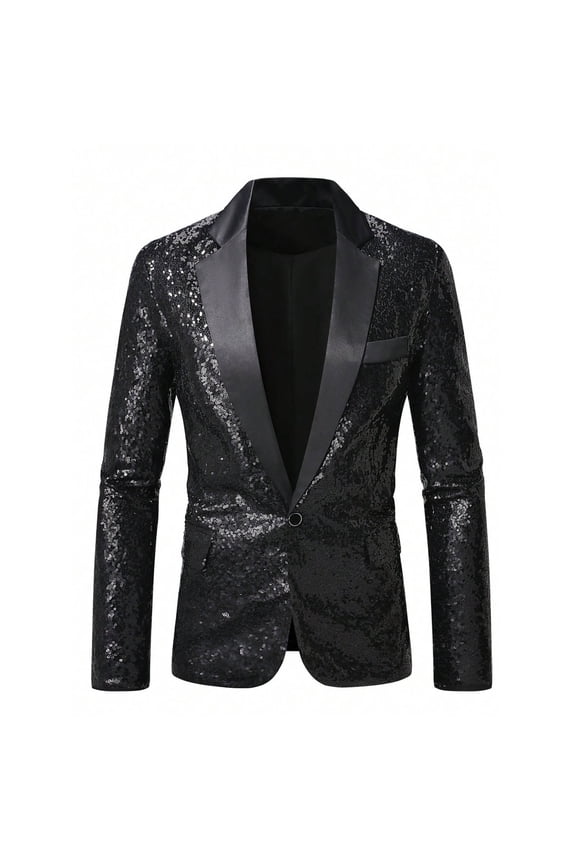 Men's Sequined Dance Suit Sparkling Sequin Top Comfortable Breathable Fabric Long Sleeve Lapel Jacket Formal Wear Celebrations Performances Black S