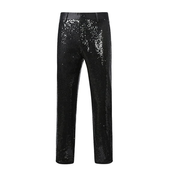 YLSDY Men's Sequined Pants Shiny Formal Party Wedding Trousers Slim Fit Zipper Fly Sequin Party Black M