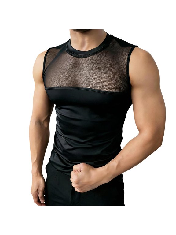 Men's Sheer Mesh Panel Sleeveless Top, Slim Fit Transparent Tank with Solid Underlayer for Night Out Black Free Size