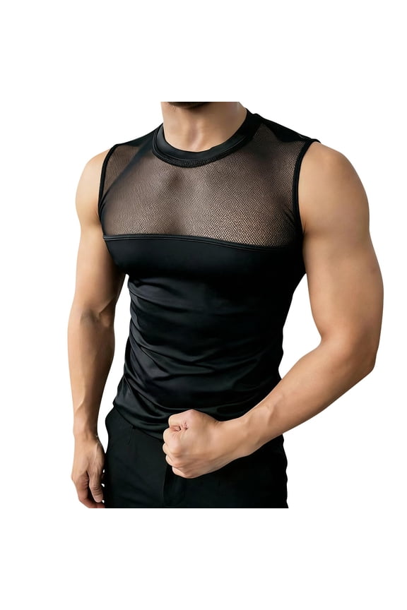 Men's Sheer Mesh Panel Sleeveless Top, Slim Fit Transparent Tank with Solid Underlayer for Night Out Black Free Size