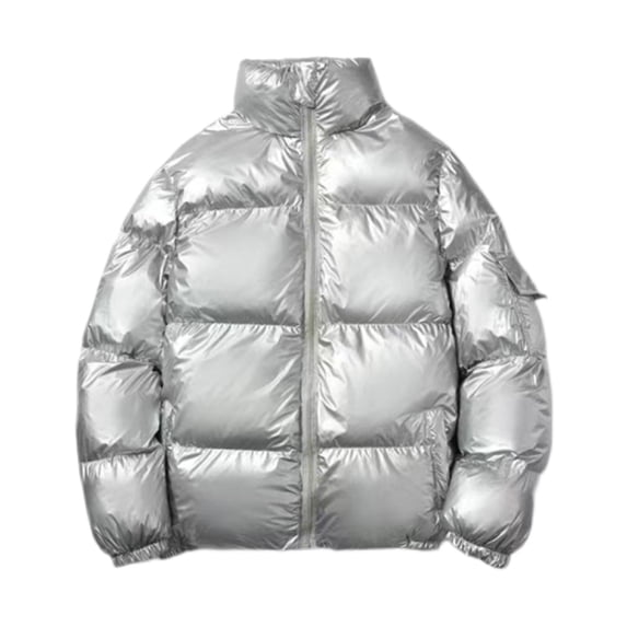 YLSDY Men's Shiny Puffer Jacket Winter Warm Thick Padded Coat Zipper Closure Outerwear Silver L