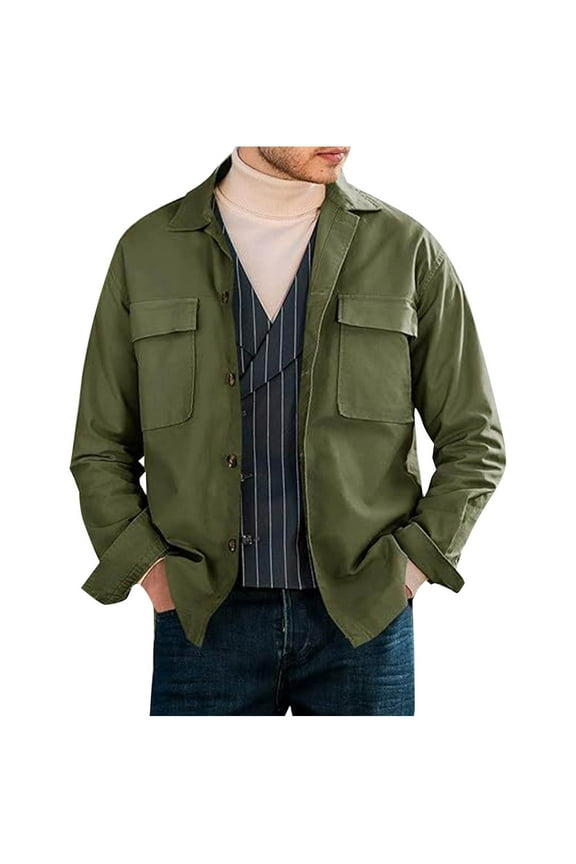 Men's Shirt Jacket Button Up Lapel Collar Casual Cotton Long Sleeve Work Shacket Jackets Outerwear with Flap Pockets Army Green S