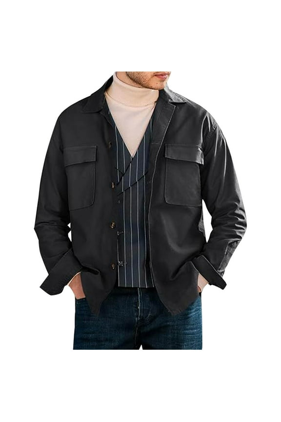 Men's Shirt Jacket Button Up Lapel Collar Casual Cotton Long Sleeve Work Shacket Jackets Outerwear with Flap Pockets Black L