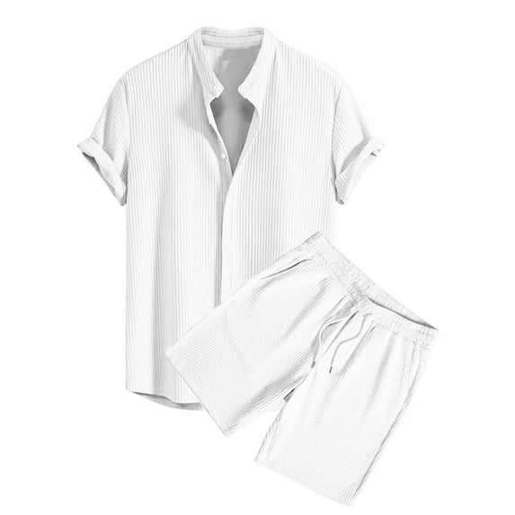 YLSDY Men's Short Sets Outfits, 2 Piece Matching Shirt and Shorts Set, Summer Tracksuit Muscle Button Down Athletic Suit White XXXL