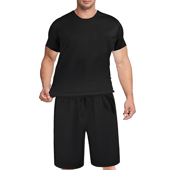 YLSDY Men's Short Sets Trendy Summer Solid Short-Sleeved T-Shirt & Big Size Loose Straight Tube Casual Shorts Set. Fashionable Sports Suit Black S