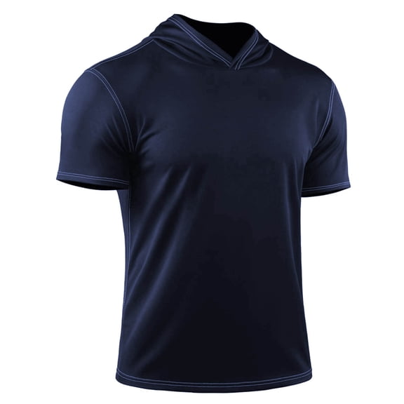 YLSDY Men's Short Sleeve Athletic T-Shirt with Hood Breathable Moisture Casual Sports Blouses Tops for Hiking Running Navy L