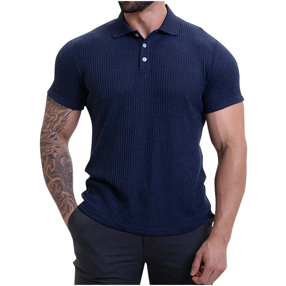 YLSDY Men's Short Sleeve Button Down Loose Tees, Ribbed Knit Fashion Lapel Business Formal Tops Summer Casual Beach Vacation Clothes Dark Blue S