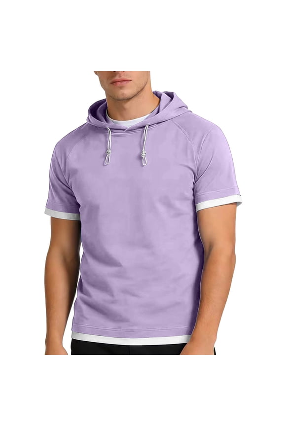 Men's Short Sleeve Hooded T-Shirts Contrast Trim Casual Pullover Hoodies with Drawstring Purple XXL