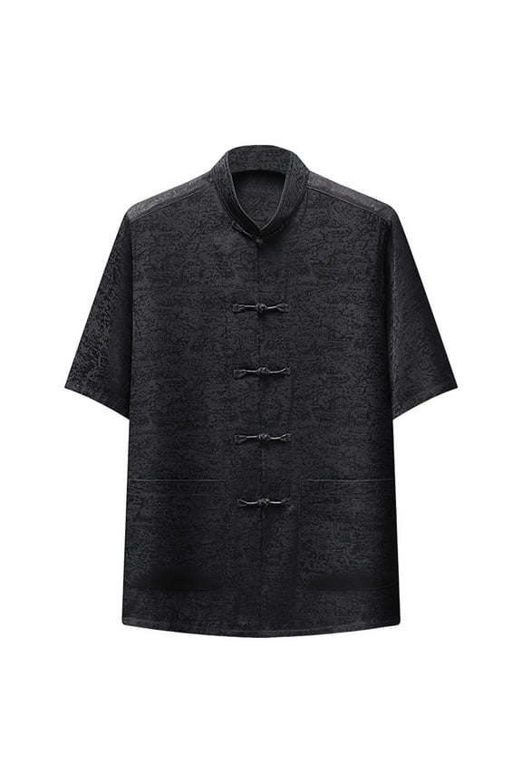 Men's Short Sleeve Kung Fu Shirts Chinese Traditional Tai Chi Mandarin Collar Frog-Button Shirt Summer Casual Tops Black XXL