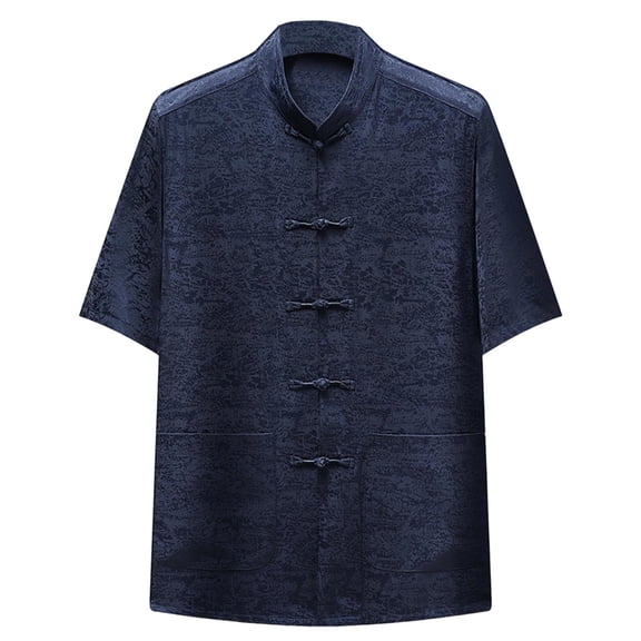 YLSDY Men's Short Sleeve Kung Fu Shirts Chinese Traditional Tai Chi Mandarin Collar Frog-Button Shirt Summer Casual Tops Navy M