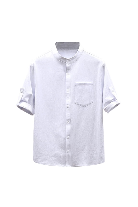 Men's Short Sleeve Shirts Gauze Button Down T-Shirts Casual Button Sleeve Shirt Dress Shirt with Pocket White L