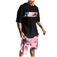thumbnail image 1 of YLSDY Men's Short Sleeve T-Shirt and Shorts 2 Piece Sets Hawaiian Suits Tropical Graphic Print Beach Outfits Black XXXL, 1 of 5
