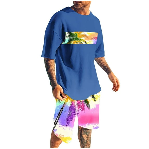 YLSDY Men's Short Sleeve T-Shirt and Shorts 2 Piece Sets Hawaiian Suits Tropical Graphic Print Beach Outfits Blue L