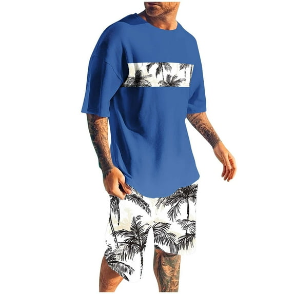 YLSDY Men's Short Sleeve T-Shirt and Shorts 2 Piece Sets Hawaiian Suits Tropical Graphic Print Beach Outfits Blue M
