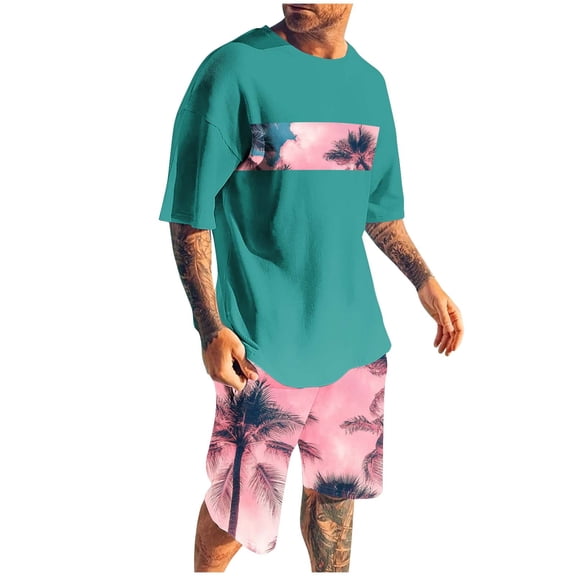YLSDY Men's Short Sleeve T-Shirt and Shorts 2 Piece Sets Hawaiian Suits Tropical Graphic Print Beach Outfits Green S