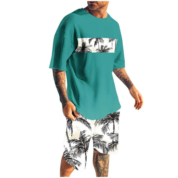 YLSDY Men's Short Sleeve T-Shirt and Shorts 2 Piece Sets Hawaiian Suits Tropical Graphic Print Beach Outfits Green XXXXL