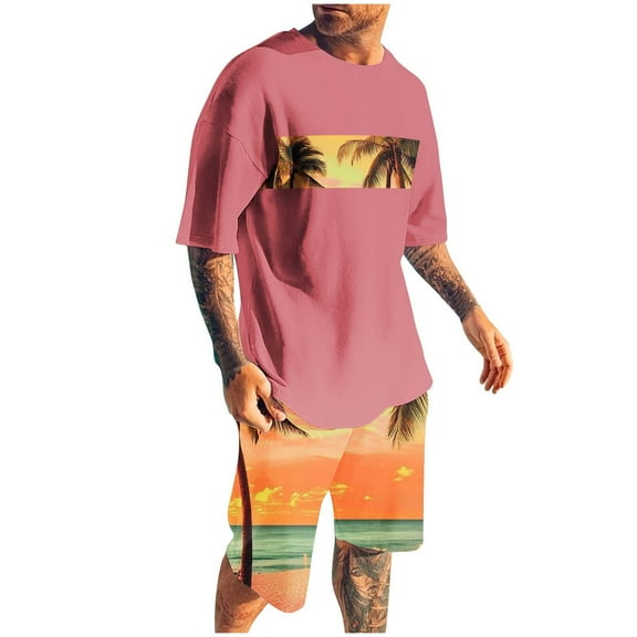 YLSDY Men's Short Sleeve T-Shirt and Shorts 2 Piece Sets Hawaiian Suits Tropical Graphic Print Beach Outfits Pink S