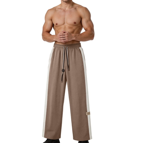 YLSDY Men's Side Stripe Wide Leg Pants, Elastic Waist Drawstring, Loose Fit Trendy Casual Daily Trousers Brown M
