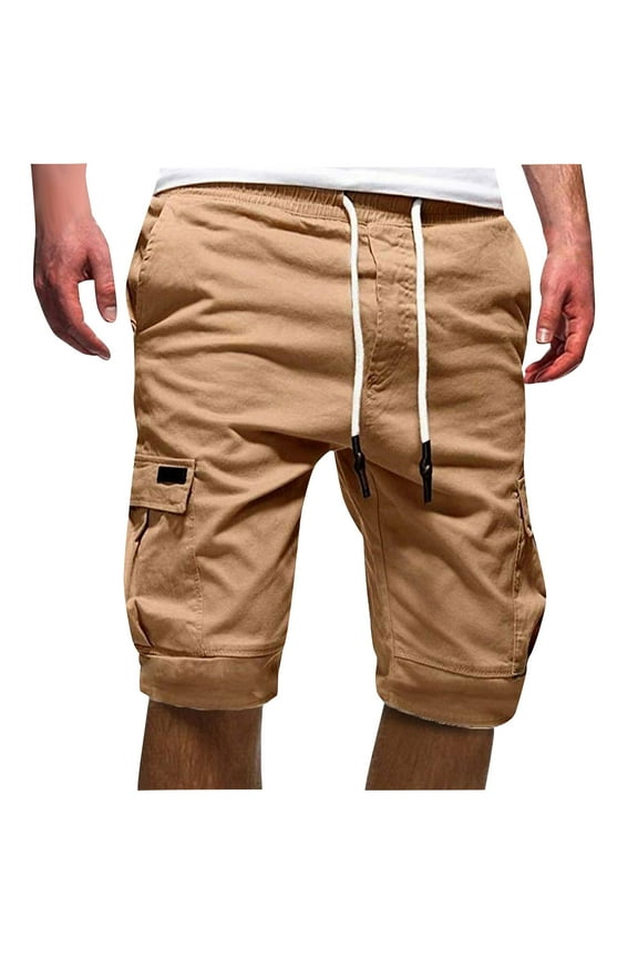 Men's Skinny Solid Color Cargo Shorts Straight Fit Baggy Drawstring Shorts Summer Lightweight Breathable Bottoms Multi Pockets Bermuda Beach Shorts Khaki XXXL