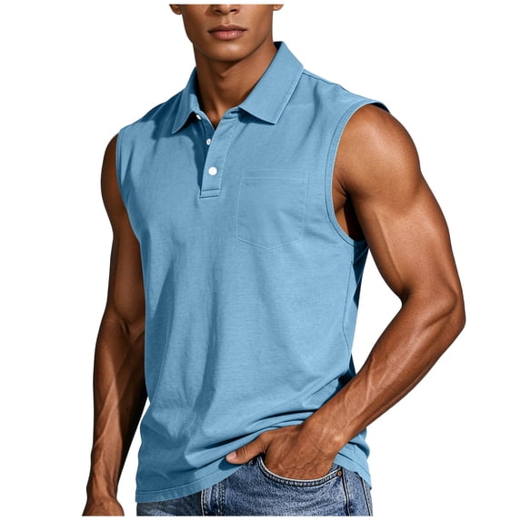 YLSDY Men's Sleeveless Button Collared Shirt with Pocket, Casual Collared Tank for Everyday and Semi-Formal Wear Light Blue XXXXL