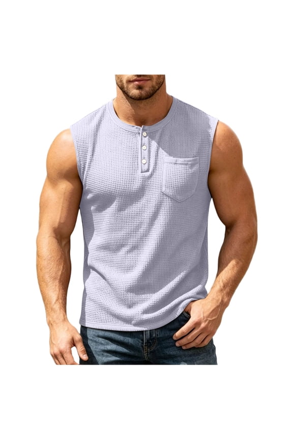 Men's Sleeveless Crew Neck Shirt with Pocket, Casual Solid Color Tank for Everyday and Outdoor Purple S