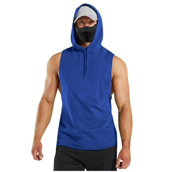 YLSDY Men's Sleeveless Hooded Tank Tops Cotton Muscle Gym Athletic Workout Tanks Heavy Soft Gym T-Shirts for Sports Blue M