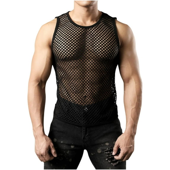 YLSDY Men's Sleeveless Relaxed Fit See Through Tees Hollow Out Fishnet Tank Tops Mesh Knit Shirts Loose Fit Lightweight Breathable Muscle T-Shirts