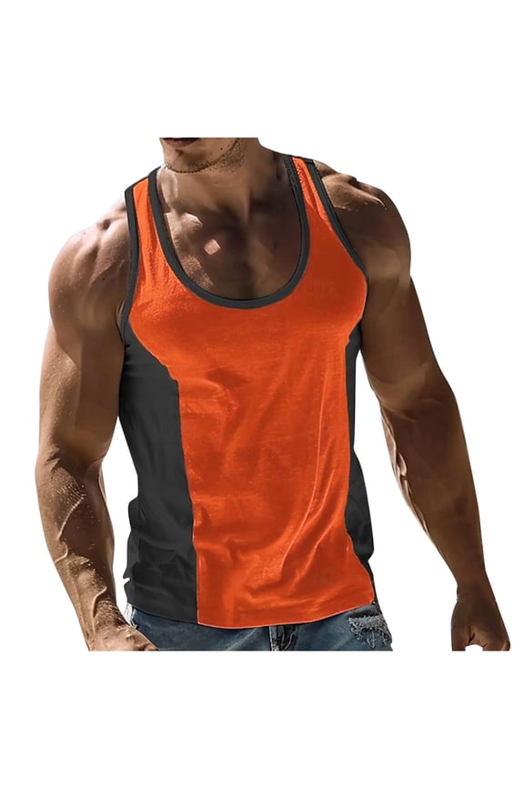 Men's Sleeveless Undershirt Moisture-Wicking Tank Hawaiian Tropical Color Block Beach Tank Top Summer Fitness Bodybuilding T Shirt Orange XXL