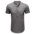 thumbnail image 1 of YLSDY Men's Slim Fit Athletic Bodybuilding Sport Blouses Cotton Linen Henley Tops Plain Yoga Sport T-Shirts Short Sleeve Pullover Tees Mandarin Collar Drawstring Neck Blouses Gray S, 1 of 4