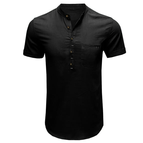 YLSDY Men's Slim Fit Athletic Bodybuilding Sport T-Shirts Cotton Linen Henley Shirts Plain Yoga Sport Tees Short Sleeve Pullover Tops Mandarin Collar Drawstring Neck T-Shirts Black S