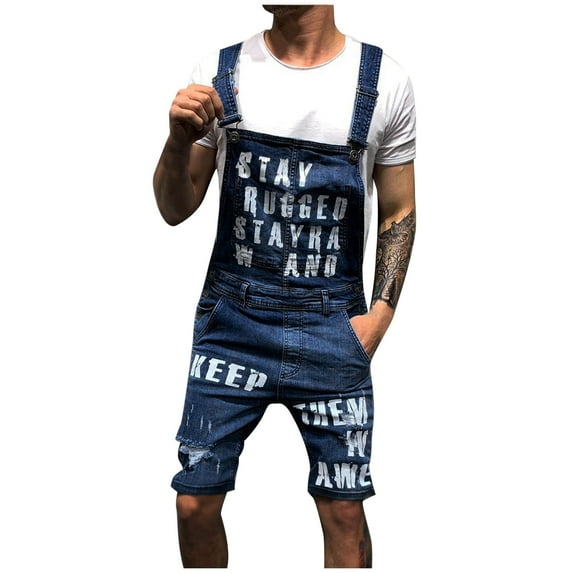 YLSDY Men's Slim Fit Bib Overalls Denim Ripped Funny Letter Print Distressed Jumpsuit with Pocket Pants Jeans Ripped Shorts Straight Type Overalls Dark Blue 4