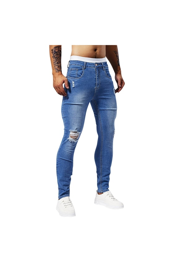 Men's Slim Fit Jeans Stretch Destroyed Ripped Skinny Jeans Side Striped Denim Pants Distressed Thin Stretch Small Foot Tight Street Pants Blue 29