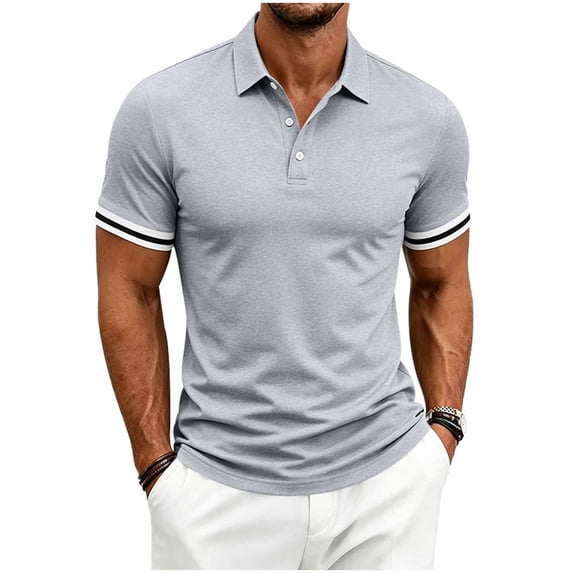YLSDY Men's Slim-Fit Ribbed Collared Shirt, Striped Cuff Trim, 3-Button Placket Short Sleeve Top for Casual & Business Casual Gray XXXL