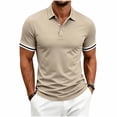 thumbnail image 1 of YLSDY Men's Slim-Fit Ribbed Collared Shirt, Striped Cuff Trim, 3-Button Placket Short Sleeve Top for Casual & Business Casual Khaki XXXL, 1 of 9