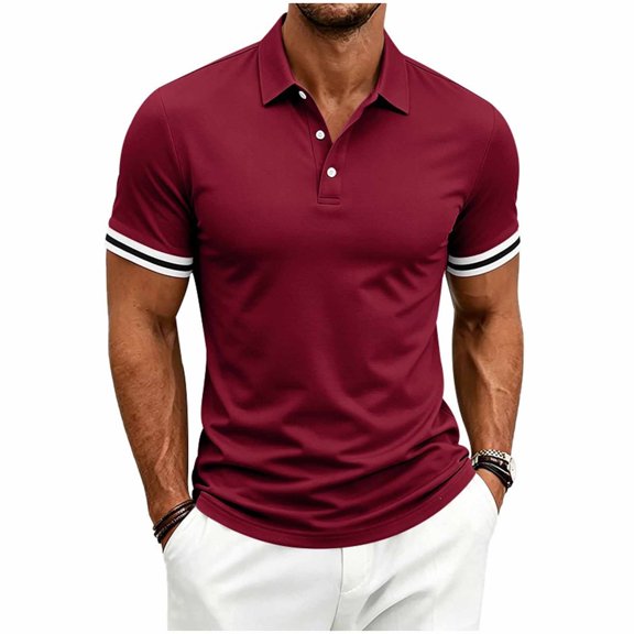 YLSDY Men's Slim-Fit Ribbed Collared Shirt, Striped Cuff Trim, 3-Button Placket Short Sleeve Top for Casual & Business Casual Wine S