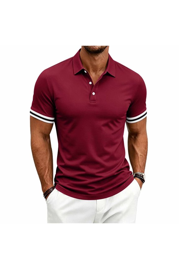 Men's Slim-Fit Ribbed Collared Shirt, Striped Cuff Trim, 3-Button Placket Short Sleeve Top for Casual & Business Casual Wine S