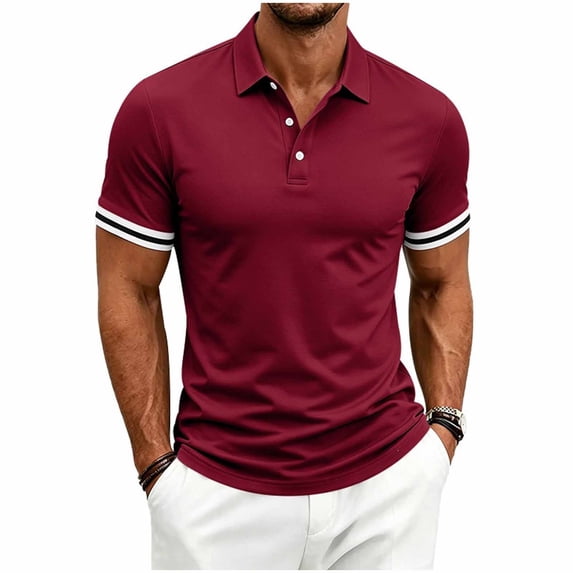 YLSDY Men's Slim-Fit Ribbed Collared Shirt, Striped Cuff Trim, 3-Button Placket Short Sleeve Top for Casual & Business Casual Wine XXXL